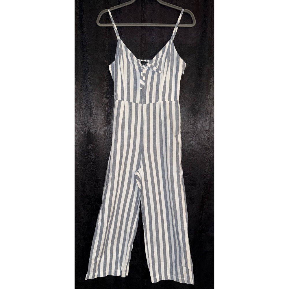 Sanctuary Linen Blend Striped Tie Front Wide Leg Jumpsuit Blue White Size 4